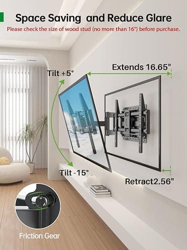 USX Mount Full Motion TV Wall Mount for Most 42-90 inch Flat Screen/LED/4K, TV Mount Bracket Dual Swivel Articulating Tilt 6 Arms, Max 16" Wood Studs, VESA 600x400mm, Holds up to 132lbs thumbnail 7