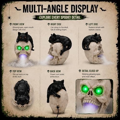 Shlinnuo Halloween Skull Statue with Mist Fogger Light 11 inch | Black cat skull decor, glowing eyes, water mist fog, resin Halloween figurine, indoor haunted house tabletop prop thumbnail 6