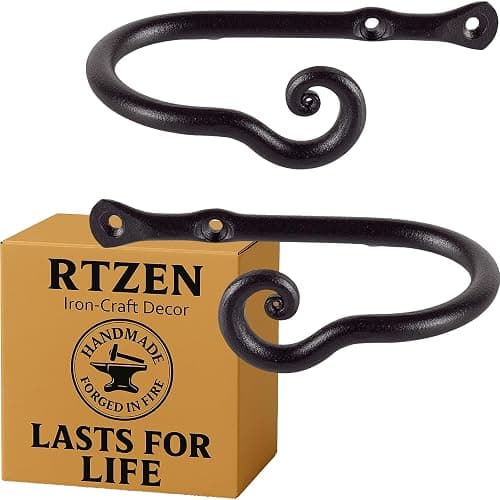 RTZEN Decorative Metal Curtain Tiebacks - Farmhouse Wrought Iron Curtain Holdbacks - Drapery Holders for Wall - Unique Metal Tie Backs for Curtains - 2 Pcs (Black Classic) - Image 1