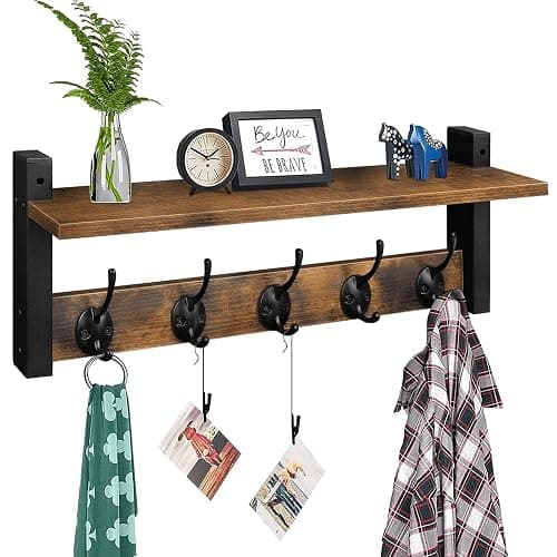 Homode Wall Hooks with Shelf, Wood Coat Rack with Shelf Wall-Mounted, Entryway Hanging Shelves with 5 Metal Hooks for Clothes Hats Towel Purse Robes, Bathroom Mudroom Bedroom, Rustic Brown Black - Image 1