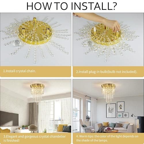 TISLYCO Mini Gold Crystal Chandelier, 3 Light Modern Flush Mount Ceiling Light Fixture, Raindrop Ceiling lamp Beaded Crystal Pendant Lighting for Hallway, Bedroom, Living Room, Dining Room thumbnail 6