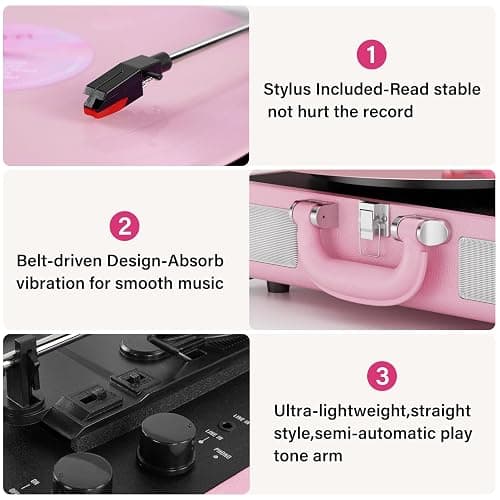Vinyl Record Player 3-Speed Bluetooth Suitcase Portable Belt-Driven Record Player with Built-in Speakers RCA Line Out AUX in Headphone Jack Vintage Turntable,Pink thumbnail 5