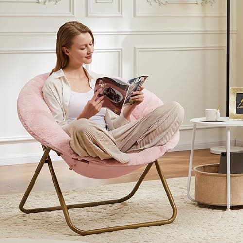 DUMOS Faux Fur Saucer Chair, Living Room Folding Lounge Chair | XL Circle Moon Mushroom Style, Gaming Dorm Small Spaces, Foldable Oversized Accent Seat, Reading thumbnail 2