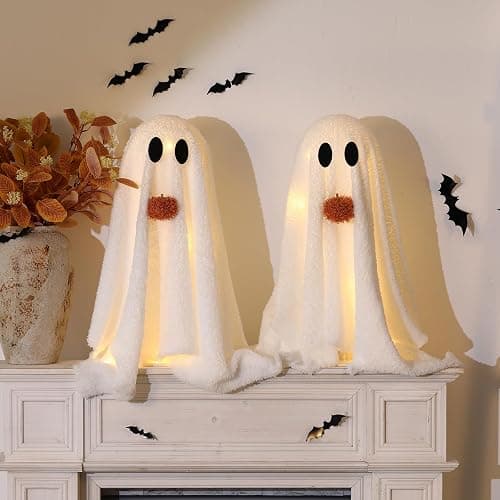 Halloween Decorations-2 Pack Light-Up Sherpa Ghosts with Pumpkin Halloween Decor Indoor Cute Ghost Decorative Signs Tabletop Decor for Party Home Kitchen and Fireplace thumbnail 6