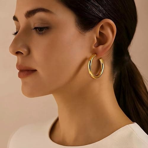 12 Pairs Chunky Gold Hoop Earrings for Women Trendy, Gold Plated Lightweight Hypoallergenic Stack, Thick Open Twisted Huggie Hoops Earring Set thumbnail 3