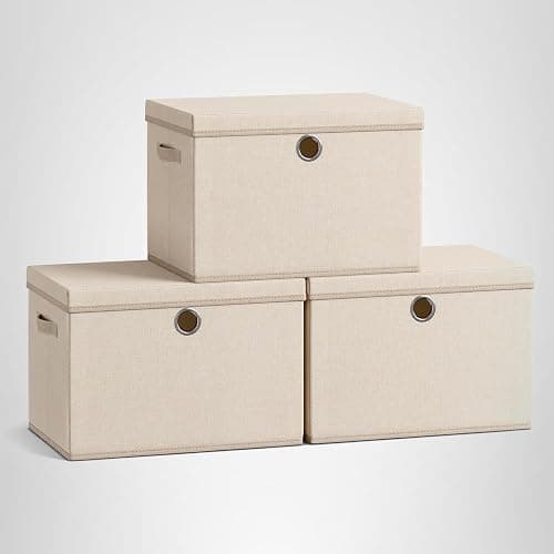 SONGMICS Large Storage Bins with Lids, 41 Quart Fabric Closet Organizer, 3 Pack Foldable Storage Boxes, 16.9" L x 11.8" W x 11.8" H, Summer Sand URFB545LF01 thumbnail 7