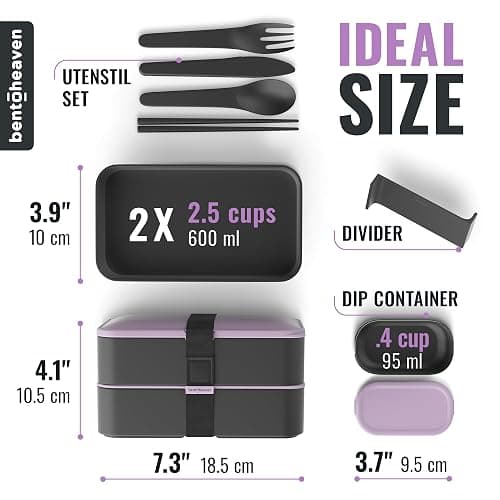 Bentoheaven Premium Bento Box Adult Lunch Box with Compartments for Women & Men, Set of Utensil & Chopsticks & Dip Container, Cute Japanese Kids Bento Lunch Box, Microwavable (Violet Me Go) thumbnail 2