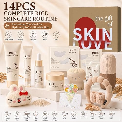 14PCS Complete Korean Skin Care Set for Kids 10-12 - Rice Skincare Kit with - Face Wash, Serum, Moisturizing Cream, Eye Cream, Masks, Brush & Headband, Travel Facial Gift Box Skin Care for Teens Women thumbnail 2
