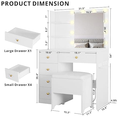IRONCK Vanity Desk with Mirror and Lights, Small Makeup Vanity Table with 5 Drawers, Power Outlet, and Vanity Stool, 3 Lighting Colors, Dressing Table for Women Girls Bedroom, White thumbnail 3