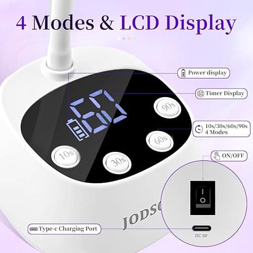 JODSONE Fast Curing U V Nail Lamp - Portable and Flexible Gooseneck Lamp with 360° Adjustable Design, Rechargeable LED Dryer for Gel Polish, Auto Sensor & 4 Timers Ceramic White thumbnail 5