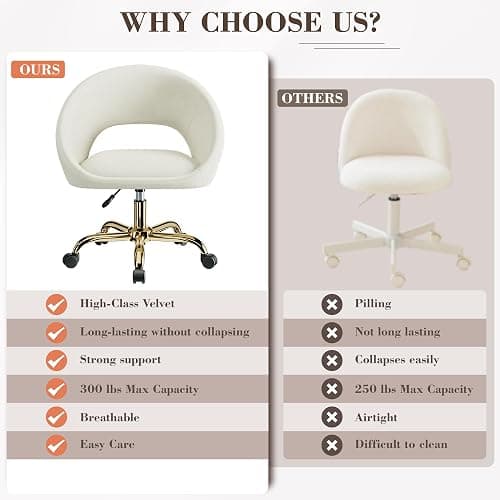 BestEra Vanity Chair with Wheels, Comfy Home Office Desk Chairs Adjustable Modern Velvet Makeup Chair for Bedroom Living Room, Soft Cushion Swivel Computer Task Chairs for Women-Beige thumbnail 3