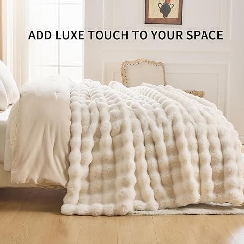 IKALIFE Cozy Faux Fur Throw Blanket for Couch-Warm Fuzzy Throw Blanket, Soft Plush Thick Bubble Blankets for Bedroom and Living Room, Furry Luxury Blanket, 50 x 60, Cream thumbnail 6
