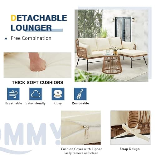 EROMMY 3 Piece Patio Furniture Set, L-Shaped Sectional Conversation Sofa Set with Thick Cushions and Toughened Glass Coffee Table for Backyard Balcony Garden Porch, White thumbnail 6