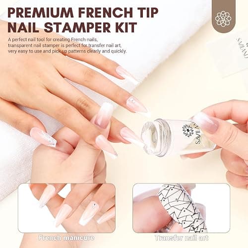 Saviland French Tip Stamp: 14PCS French Tip Tool with Replaceable Nail Stamp Head, Clear Silicone Nail Stamper with Scrapers for French Manicure Home DIY Nails Art Salon thumbnail 2