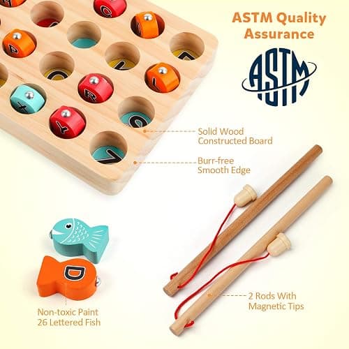 Coogam Wooden Magnetic Fishing Game, Fine Motor Skill Toy ABC Alphabet Color Sorting Puzzle, Montessori Letters Cognition Preschool Gift for Years Old Kid Early Learning with 2 Pole thumbnail 6