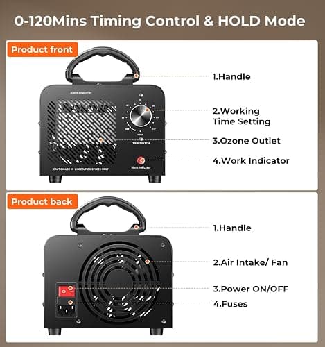Ozone Generator 48,000mg, Commercial Ozone Machine Odor Removal, High Capacity O3 Ionizer Air Purifier Deodorizer, Portable Mini for Car, Home, Smoke, Pets, Industrial, for 4000 Square Feet -Black thumbnail 9
