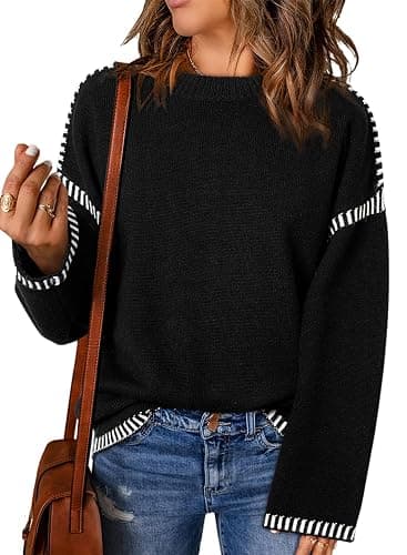 Dokotoo Sweaters for Women Fashion Solid Crewneck Loose Fit Long Sleeve Contrast Cable Knit Pullover Sweater Jumper Tops - Image 1