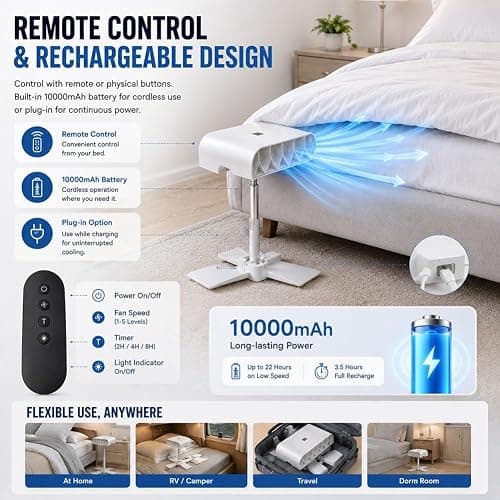 Auriiktch Bed Fan Cooling System, Under Sheet Bed Cooling Fan with 5 Speeds & Remote Control, Bed Fan Under Sheet for Hot Sleepers & Night Sweats, Fits All Mattress Heights thumbnail 3