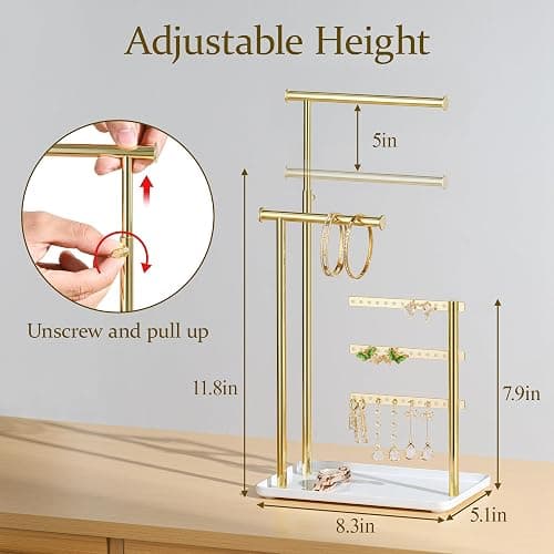 susswiff Jewelry Holder Organizer Stand - Adjustable Tall 17.5" (Max), Gift for Women, Mirrored Gold Jewelry Hanger for Necklaces, Earrings, Bracelets, Rings thumbnail 3