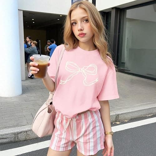 Weripoah Bow Oversized Shirts for Girls Graphic Cute Shirt for Teen Preppy Aesthetic Tshirt Girls' Summer Casual Coquette Top thumbnail 3