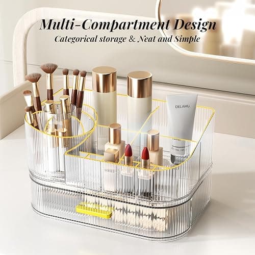 Delamu Makeup Organizer for Vanity with Stackable Drawers, 360 Rotating Makeup Brush Holder Large Cosmetic Display Case, Bathroom Skincare Storage, Crystal Clear, Ideal Christmas Gifts for Girls thumbnail 6