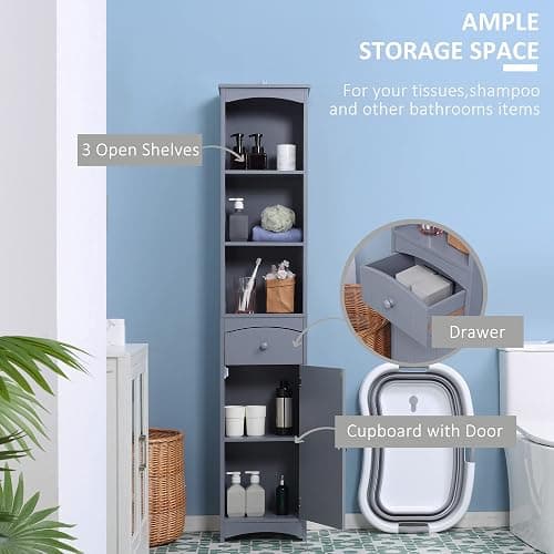 💜HOMCOM Bathroom Storage Cabinet, Free Standing Bathroom Storage Unit, Tall Linen Tower with 3-Tier Shelves and Drawer, Grey thumbnail 4