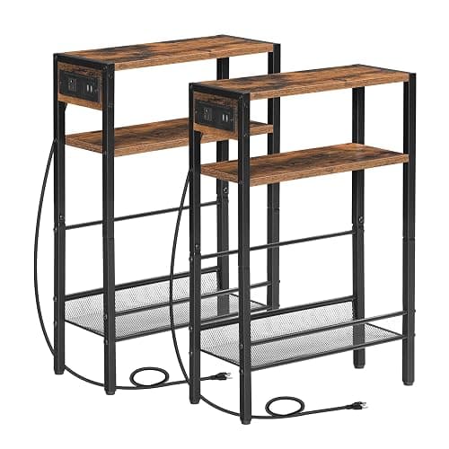 NIGHTSTAND | Amazon | HOOBRO Small Narrow Side Table with Charging Station, Skinny End Table for Small Spaces, Slim Nightstand with USB Ports Outlet, Sofa Beside Table with Storage Shelf, White and Gold DW102UBZ01 - 1 - Gold + White thumbnail 2