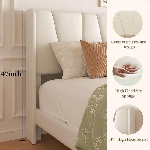 viplov Queen Bed Frame with Storage Drawers, Upholstered Queen Size Platform Bed with 47" Tall Headboard and Wingboard, No Box Spring Needed, Noise Free, Easy Assembly, Wooden Support Slats, Beige thumbnail 4