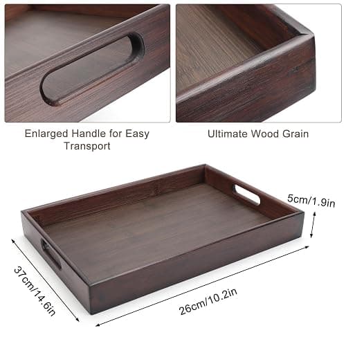 Plateau de service en bois, 37x26x5cm, plateau rectangulaire en bois avec poignées - Plateau de cuisine - Plateau de service - Plateau pour petit-déjeuner, thé, table basse thumbnail 3