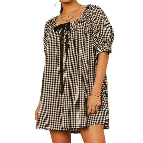 Women Plaid Half Sleeve Dress Loose Fit Cropped Mini A-Line Tunic Y2K Vintage Casual Swing Smocked Babydoll Dress - Image 1