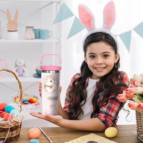 30oz Bunny Tumbler with Handle and Flip Straw, Rabbit Stainless Steel Vacuum Insulated Cup, Travel Mug Water Bottle, Easter Gifts for Women Bunny Lovers thumbnail 6