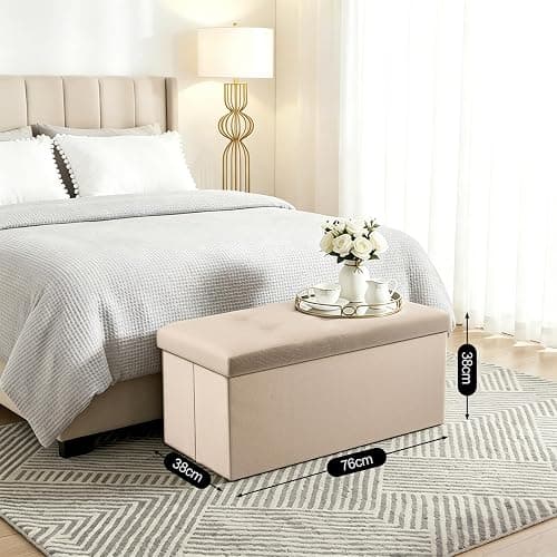 CROWNSHOP 1PC Storage Ottoman Bench Folding Footstool with Lid Beige | Folding Storage Ottoman Bench – Space-saving design with hidden storage, ideal for living room, bedroom hallway organisation thumbnail 2