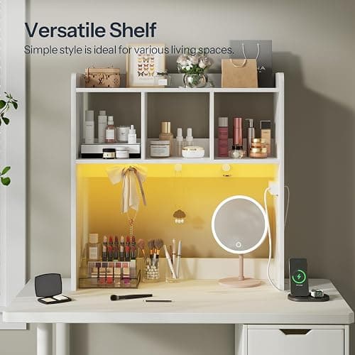 HOOBRO Desktop Bookshelf, Office Desktop Shelf, Desk Hutch with Outlets, Wooden Office Desktop Bookcase, Desktop Organizer Shelf with LED Light Strip and 3 Hooks, for Home, Study, White WT12UDSJ01 thumbnail 7