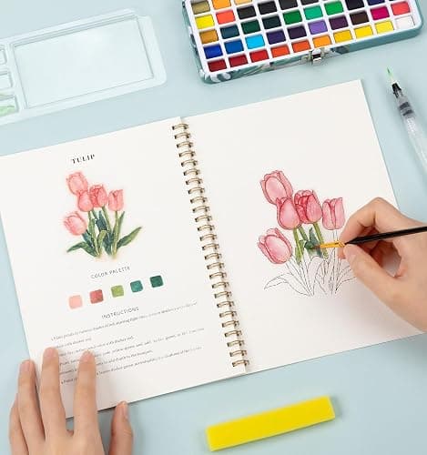 Watercolor Workbook, Water Coloring Book, 12 Different Patterns of Original DIY Designs, 50 Colors Watercolor Paint Set with Palette and Brush, Beginner-Friendly Watercolor Workbooks (Bouquets) thumbnail 7