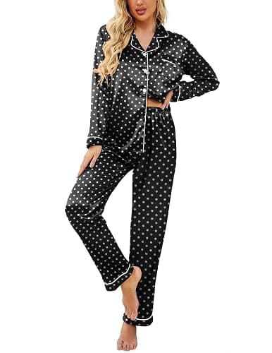 Ekouaer Womens Satin Pajama Set Classic Pattern Silky Pj Sets Button Down Sleepwear Loungewear - Image 1
