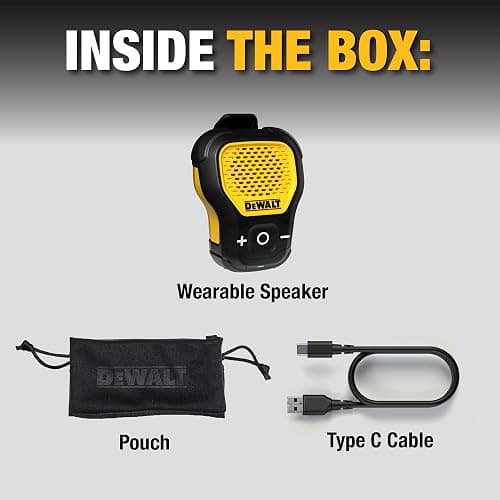 DEWALT Wearable Bluetooth Speaker (Updated Version), Clip-On Wireless Jobsite Pro Water-Resistant Portable Speaker (Non-Magnetic), Built-in Mic for Hands-Free Music/Calls, Bluetooth Speaker (Yellow) thumbnail 9