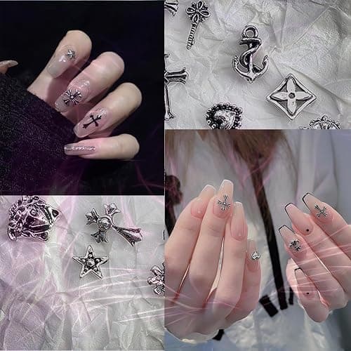 Leeneen 80Pcs Silver Metal Cross Nail Charms for Nails Design,Y2K 3D Chrome Nails Art,Vintage Alloy Cross Heart Skull Acrylic Charm for Women, Halloween Nail Supplies thumbnail 5