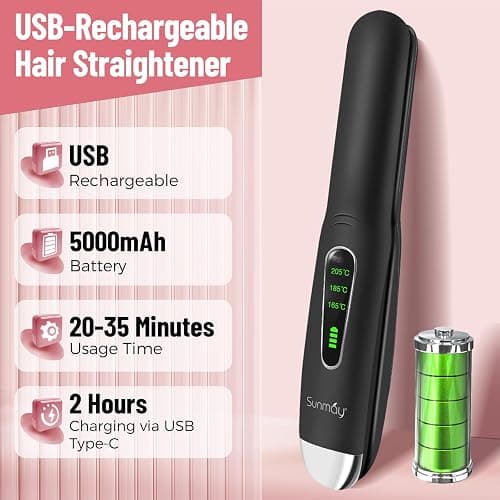 SUNMAY Voga Plancha Pelo Inalambrica 2 en 1, Plancha de Pelo y Rizador de Titanio Portátil, Mini Plancha Pelo Viaje USB 5000 mAh, 3 Niveles de Temperatura, Calentamiento Rápido (Negro) thumbnail 5