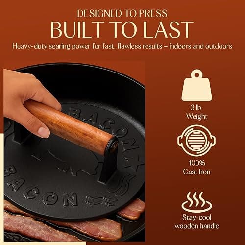 Heavy-Duty Cast Iron Burger Press 8.5 Inch Round Burger Smasher, Grill Press for Cooking Burgers, Bacon, Sandwiches, Steak, Ground Beef, Meats, Sausages, and So On thumbnail 3