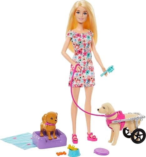 Barbie Doll with 2 Toy Dogs & Pet Accessories, 1 Pup in a Removable Wheelchair with Rolling Wheels, 10+ Piece Set - Image 1