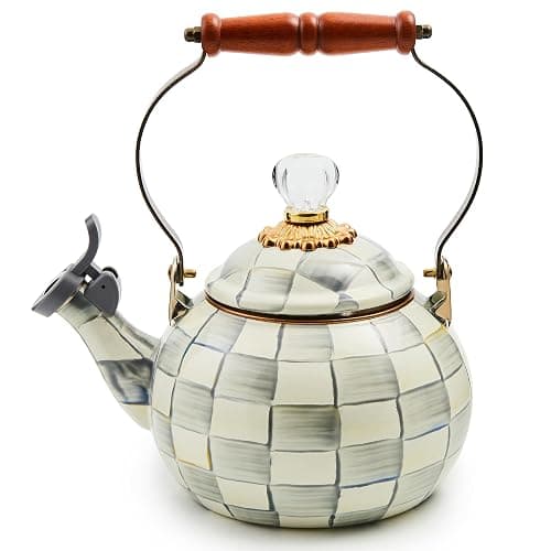 MACKENZIE-CHILDS Enamel Whistling Tea Kettle, Decorative Teapot for Stovetop, Gray-and-White Sterling Check - Image 1