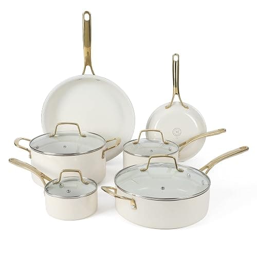 Martha Stewart Lockton Premium Non stick Non Toxic PFA Free Ceramic Interior 10 Piece Heavy Gauge Enamel Aluminum Pots and Pans Cookware Set - Linen White w/Gold Handle - Image 1