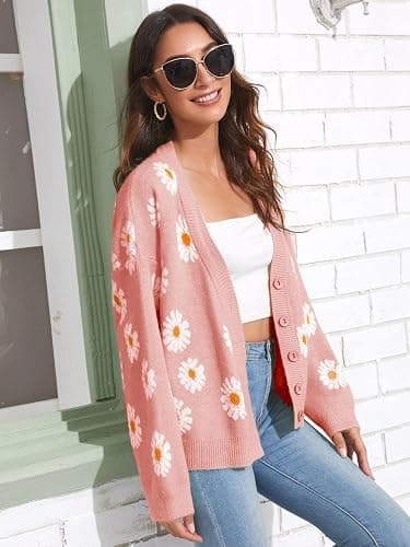 Women's Floral Print Cardigan Long Sleeve Open Front Button Down V Neck Knitted Sweaters thumbnail 3