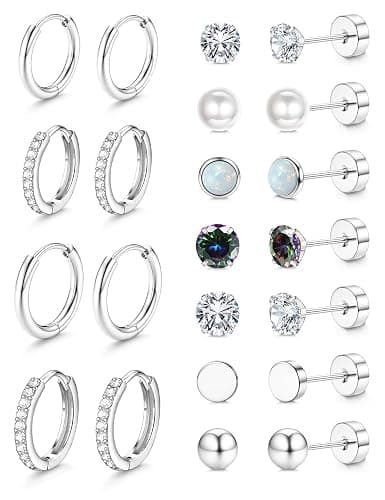 Jstyle Hypoallergenic Stud Hoop Earrings for Women Small Flat Back Surgical Stainless Steel Earrings for Sensitive Ears Trendy Silver Hoops Cartilage Earring Stacks Set Multiple Piercing Jewelry Gifts - Image 1