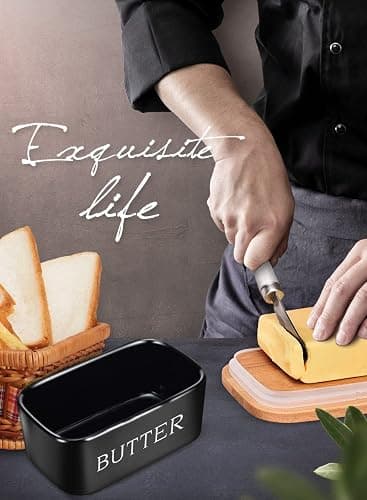 Butter Dish with Lid: Large Butter Dish for Countertop - Ceramic Butter Keeper Container with Knife and High-Quality - Silicone Sealing Butter Box for Home Decor Good Kitchen Gift Black thumbnail 2