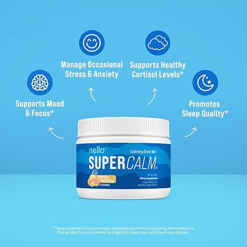 Nello Supercalm Powdered Drink Mix Tub, Cortisol Reducer* and Sleep Aid Supplement, L Theanine, Ksm-66 Ashwagandha, Magnesium Glycinate, Vitamin D 3, No Sugar, Non GMO, 30 Ct, Tropical Tangerine thumbnail 3
