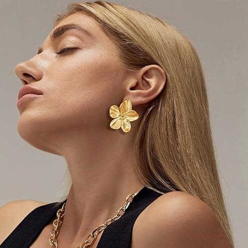 AIDSOTOU 6 Pairs Chunky Gold Earrings For Women Trendy Statement Gold Plated Flower Shell knot Dangle Earrings Lightweight Hypoallergenic Fashion Jewelry Set thumbnail 3