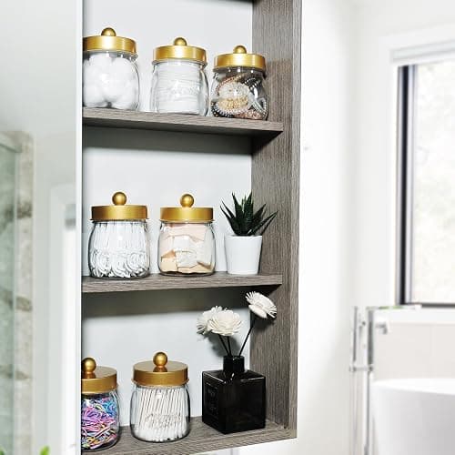 Farmhouse Decor Apothecary Jar Set,Mason Jar Bathroom Vanity Storage Organizer Canister - Qtip Holder Plastic Acrylic Jar for Cotton Swabs,Cotton Pads,Floss Picks,Paper Clips,Hair Clips(2 Pack,Gold) thumbnail 7