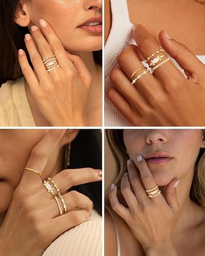 Honsny Stackable Gold Rings for Women Non Tarnish Engagement Wedding Bands | 18K Gold Plated, Cubic Zirconia Stacking Rings, Thumb Ring Set, Thin Eternity Promise Wedding Bands, Size 6 7 8 9 10 11 thumbnail 4