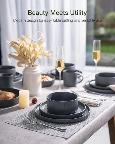 Richmount Star Plates and Bowls Set, 18 Pieces Dinner Sets for 6 People, Stoneware Dinnerware Sets with Dinner Plates/Salad Plate/Cereal Bowls, Dishwasher & Microwave Safe, Matte DarkCharcoal | Dinnerware includes dinner plates and bowls, is scratch resistant and microwave and dishwasher safe thumbnail 3